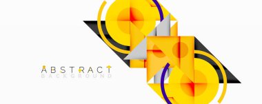 Parlak geometrik şekiller örtüşür, dinamik soyut bileşim yaratır. Sarılar, siyahlar, griler beyazlara hükmediyor. Modern tasarım ögesi.
