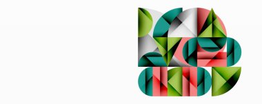 Soyut geometrik bileşim. Şekiller örtüşüyor, karmaşık görsel doku oluşturuyor. Renkler arasında yeşil, kırmızı, deniz mavisi, gri var. Minimalist tasarım.