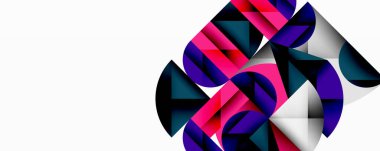 Soyut geometrik şekiller, canlı pembeler, morlar, maviler beyaz arkaplana hakim. Modern tasarım, dinamik kompozisyon.