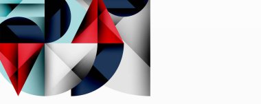 Soyut geometrik şekiller, kırmızı, mavi, gri tonlar. Modern tasarım, üst üste binen formlar dinamik kompozisyon yaratır. Minimalist estetik.