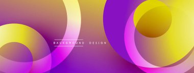 Dinamik eğimli arkaplan daireleri üst üste biniyor. Canlı mor, sarı, turuncu renkler modern estetik yaratıyor. Minimalist tasarım.