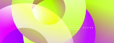 Soyut renkli arkaplan. Üst üste binen daireler canlı gradyanlar yaratır, mor, sarı, yeşil renkler dizaynın baskın renkleri. Modern estetik.