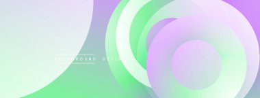 Soyut daireler çakışıyor, yumuşak pastel gradyanlar yaratıyor. Tasarım açık yeşil, mor ve beyaz renklere sahiptir. Minimalist arkaplan dokusu.