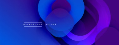 Soyut mavi mor katmanlar dinamik arkaplan oluşturur. Modern tasarım üst üste binen daireler, gradyanlar, metin ögeleri.