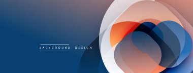 Soyut tasarım özellikleri üst üste binen daireler, gradyanlar. Mavi arka planda baskın, turuncu, beyaz aksanlar mevcut. Modern, temiz estetik.