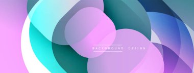 Soyut renkli şekiller örtüşür, dinamik görsel efekt yaratır. Yumuşak gradyanlar pembeleri, mavileri, yeşillikleri harmanlarlar. Modern tasarım ögesi.