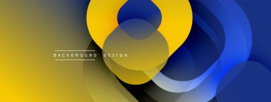 Soyut geometrik şekiller çakışıyor. Sarı, mavi gradyanlar dinamik görsel akış yaratır. Modern tasarım elementleri yenilik ve akıcılık öneriyor.