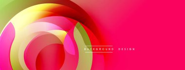 Soyut canlı katmanlar dinamik dairesel tasarım yaratır. Pembe egemen, yeşil, sarı, kırmızı renkler aksanlı. Modern estetik.