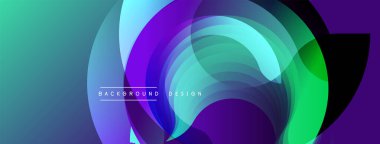 Soyut arkaplan özellikleri katmanlı, şeffaf daireler. Renkler mordan mavi renge, canlı yeşile dönüşür. Metin arkaplan tasarımı okur.