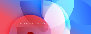 Soyut renkli arkaplan. Üst üste binen daireler dinamik görsel efekt yaratır. Kırmızı, mavi, beyaz renkler kompozisyona hakim. Modern tasarım ögesi.