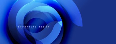 Soyut mavi katmanlar dinamik dairesel tasarım yaratır. Modern estetik, pürüzsüz eğimler, koyu arkaplan karşıtlık sağlar.