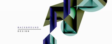 Soyut geometrik tasarım katmanlı şekiller, gradyanlar içerir. Teal, zeytin, donanma renkleri dinamik kompozisyon oluşturur. Çeşitli projeler için modern arkaplan uygun. Minimalist estetik.