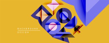 Soyut geometrik bileşim. Üst üste binen şekiller dinamik görsel efekt yaratır. Parlak renkler, altın arkaplanla tezat oluşturuyor. Modern tasarım ögesi.