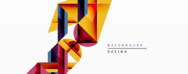 Soyut geometrik tasarım üst üste binen canlı şekiller içerir. Turuncu, sarı, kestane rengi, donanma dinamik bileşim yaratır. Arka planlar ve sunumlar için modern estetik.