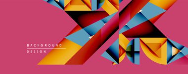 Soyut geometrik tasarım canlı üçgenler, dikdörtgenler üst üste biner. Kırmızı arkaplan sarı ve mavi renklere zıtlık sağlar. Modern, dinamik görsel kompozisyon.