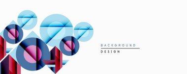 Soyut geometrik şekiller örtüşür, dinamik bileşim yaratır. Çemberler, üçgenler, kareler mavileri, kırmızıları, pembeleri harmanlıyor. Arkaplan ve sunumlar için modern tasarım ögesi.