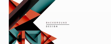 Soyut geometrik tasarım üst üste binen şekiller içerir. Teal, turuncu, siyah renkler beyaz uzayda dinamik bileşim oluşturur. Modern estetik, minimalist stil.