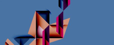 Soyut geometrik şekiller kompozisyona hükmediyor. Ilık turuncu, mor renkler havalı mavi arkaplan. Keskin açılar, katmanlı formlar dinamik görsel efekt yaratır. Minimalist tasarım.