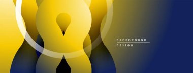 Soyut sarı şekiller koyu mavi arkaplanla örtüşüyor. Modern tasarım, dinamik görsel etki yaratan pürüzsüz gradyanlar içerir.