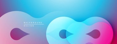 Soyut sıvı şekilleri örtüşür, parlak mavi ve pembe bir eğim yaratır. Minimalist tasarım metin arkaplan tasarımı içerir. Yumuşak eğriler kompozisyona hakim.