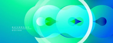 Soyut arkaplan. Üst üste binen daireler dinamik görsel efekt yaratır. Renkler turkuazdan maviye dönüşüyor. Modern tasarım ögesi.