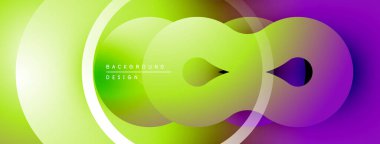 Soyut gradyan şekiller çakışıyor, dinamik görsel akış yaratıyor. Parlak renkler yeşilden mora karışır. Modern tasarım ögesi.