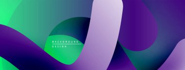 Soyut sıvı şekilleri örtüşür ve canlı bir arkaplan oluşturur. Mor, yeşil, deniz mavisi renkleri baskın bileşim. Modern tasarım ögesi.