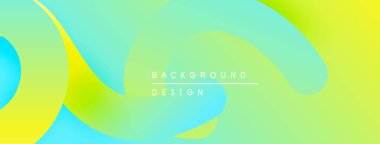 Soyut sıvı şekilleri canlı yeşillikleri, sarıları, mavileri harmanlıyor. Modern tasarım pürüzsüz eğimler, yumuşak kıvrımlar yaratır. Arkaplan dinamik görsel doku sunar.