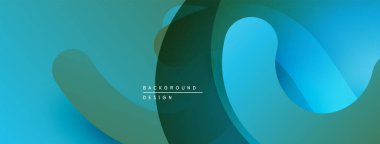 Soyut sıvı şekilleri üst üste biniyor, dinamik deniz mavisi renkleri yaratıyor. Modern tasarım, hareket ve derinlik öneriyor. Minimalist estetik.