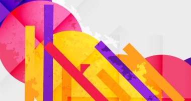 Soyut geometrik bileşim. Canlı renkler örtüşüyor, dinamik görsel doku yaratıyor. Çizgiler, daireler, dikdörtgenler kesişiyor. Modern tasarım.