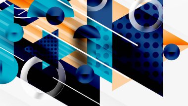 Soyut geometrik bileşim. Şekiller çakışıyor, dinamik görsel deneyim yaratıyor. Mavi, turuncu, deniz mavisi egemen tasarım.