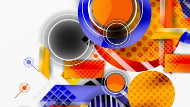 Çemberler, kareler, çizgiler içeren soyut bir kompozisyon. Parlak turuncu, mavi baskın tasarım. Modern geometrik desenler dinamik görsel efekt yaratır.