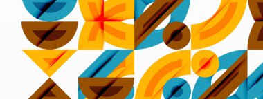 Soyut geometrik desen. Şekiller örtüşüyor, canlı görsel doku oluşturuyor. Turuncu, kahverengi, mavi baskın kompozisyon. Modern tasarım elemanları.
