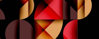 Soyut geometrik bileşim. Sıcak renkler baskın, üst üste binen şekiller, kıvrımlar, üçgenler. Modern tasarım, minimalist estetik.