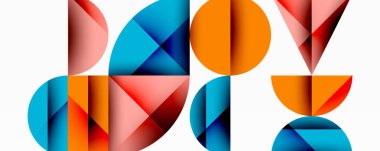 Soyut geometrik şekiller örtüşür, renkli kompozisyon oluşturur. Daireler, üçgenler, dikdörtgenler dinamik desen oluşturur. Modern tasarım.
