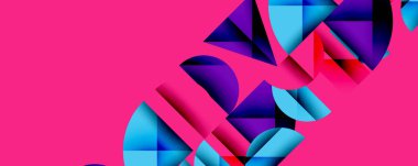 Soyut geometrik şekiller canlı pembe arka planla örtüşür. Mavi, mor, kırmızı renkler dinamik kompozisyon yaratır. Modern tasarım elemanları.