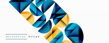 Soyut geometrik şekiller, üçgenler, daireler, sarı, mavi renkler. Modern tasarım ögesi, temiz estetik, beyaz arkaplan.