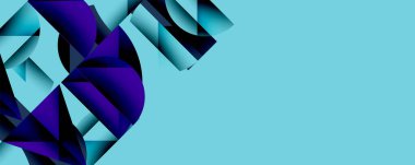 Soyut geometrik şekiller, canlı maviler, morlar kompozisyona hakim. Minimalist tasarım, temiz çizgiler modern estetik yaratıyor.