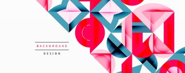 Soyut geometrik şekiller örtüşüyor, canlı kırmızı, pembe, mavi bileşim oluşturuyor. Minimalist metin arka plan tasarımı okur. Modern estetik.