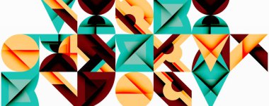 Soyut geometrik desen. Şekiller örtüşüyor, dinamik görsel doku oluşturuyor. Renkler arasında deniz mavisi, kahverengi, turuncu, beyaz var. Modern tasarım.