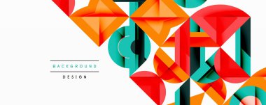 Soyut geometrik şekiller örtüşür, canlı renkli tasarım yaratır. Beyaz arkaplan karşıtlık ve modern estetik sağlar.