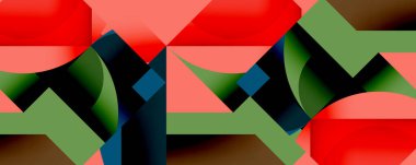 Soyut geometrik şekiller örtüşüyor, canlı renk kalıpları yaratıyor. Kırmızı, yeşil, mavi renkler kompozisyona hakim. Modern tasarım.