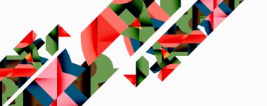 Soyut geometrik bileşim. Şekiller çakışıyor, dinamik görsel etki yaratıyor. Kırmızı, yeşil, mavi renkler beyaz arkaplana hakim.