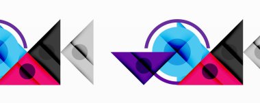 Soyut geometrik desenler tekrarlanıyor. Şekiller üçgenler, daireler, kareler içerir. Renkler canlı pembe, mavi, mor, gri. Minimalist tasarım.