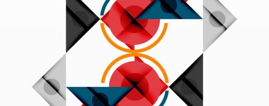 Soyut geometrik bileşim. Kırmızı, turuncu, deniz mavisi şekilleri kesişiyor. Gri üçgenler merkezi tasarım. Minimalist, simetrik desen.