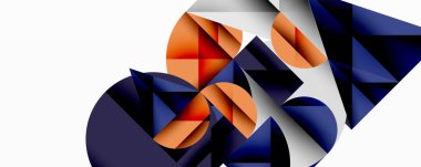 Soyut geometrik şekiller örtüşür, dinamik bileşim yaratır. Turuncu, lacivert, gümüş renkler beyaz arkaplana hakim. Modern tasarım.