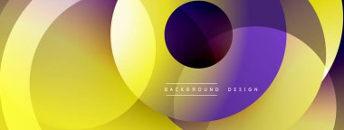 Soyut renkli daireler çakışıyor, dinamik görsel efekt yaratıyor. Sarılar, morlar kompozisyona hakim. Modern tasarım ögesi.