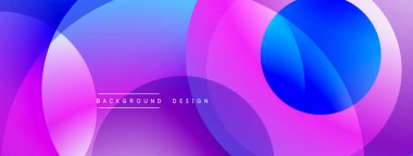 Soyut, enerjik çemberler çakışıyor. Gradyan renkler mor, pembe ve maviyi harmanlıyor. Arkaplan ve sunumlar için modern tasarım ögesi.