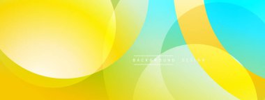 Soyut, enerjik çemberler çakışıyor. Sarı, turkuaz, yeşil renkler modern arka plan tasarımı yaratır. Yumuşak gradyanlar görsel cazibe sunar.