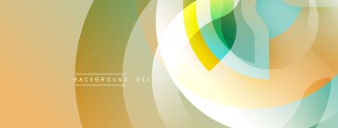 Soyut tasarım özellikleri üst üste binen daireler, gradyanlar. Renkler bej, sarı, yeşil, mavi. Modern, dinamik kompozisyon.